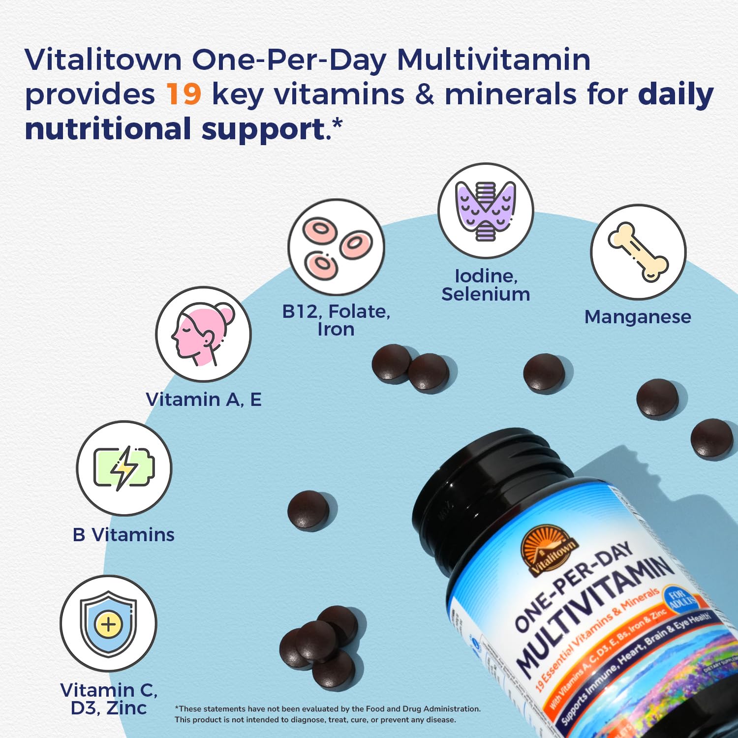 Vitalitown: ingredientes clave resaltados, vitaminas y minerales esenciales.