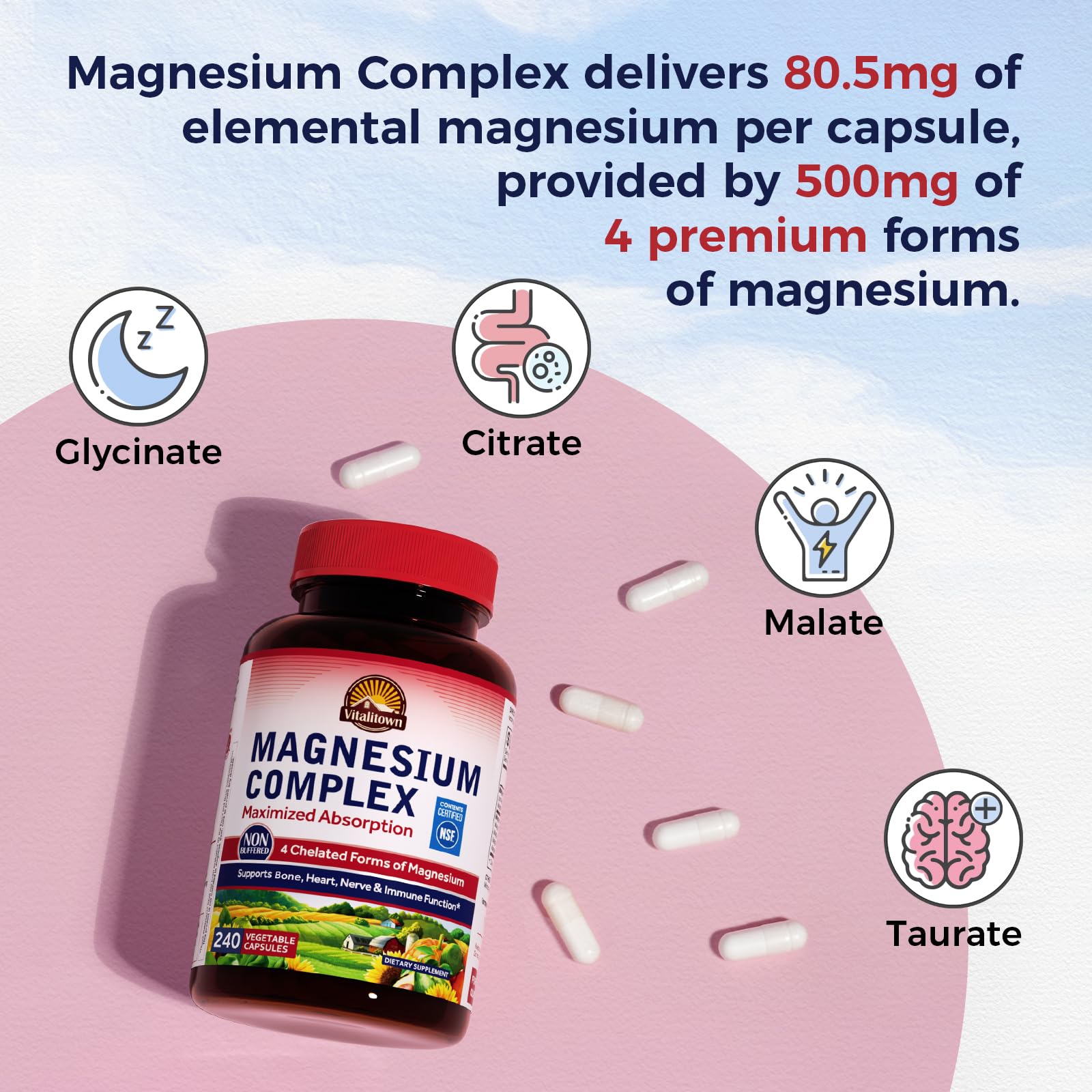 Vitalitown Magnesium Complex etiqueta frontal con información clave