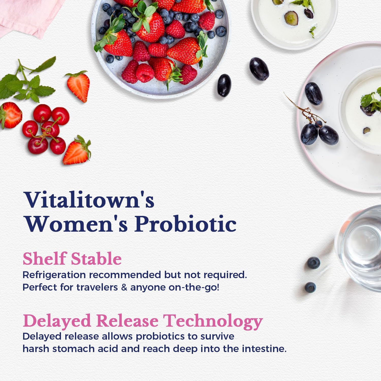 Vitalitown Probióticos para Mujeres, bote-seco, envase resistente para estantería y uso diario.