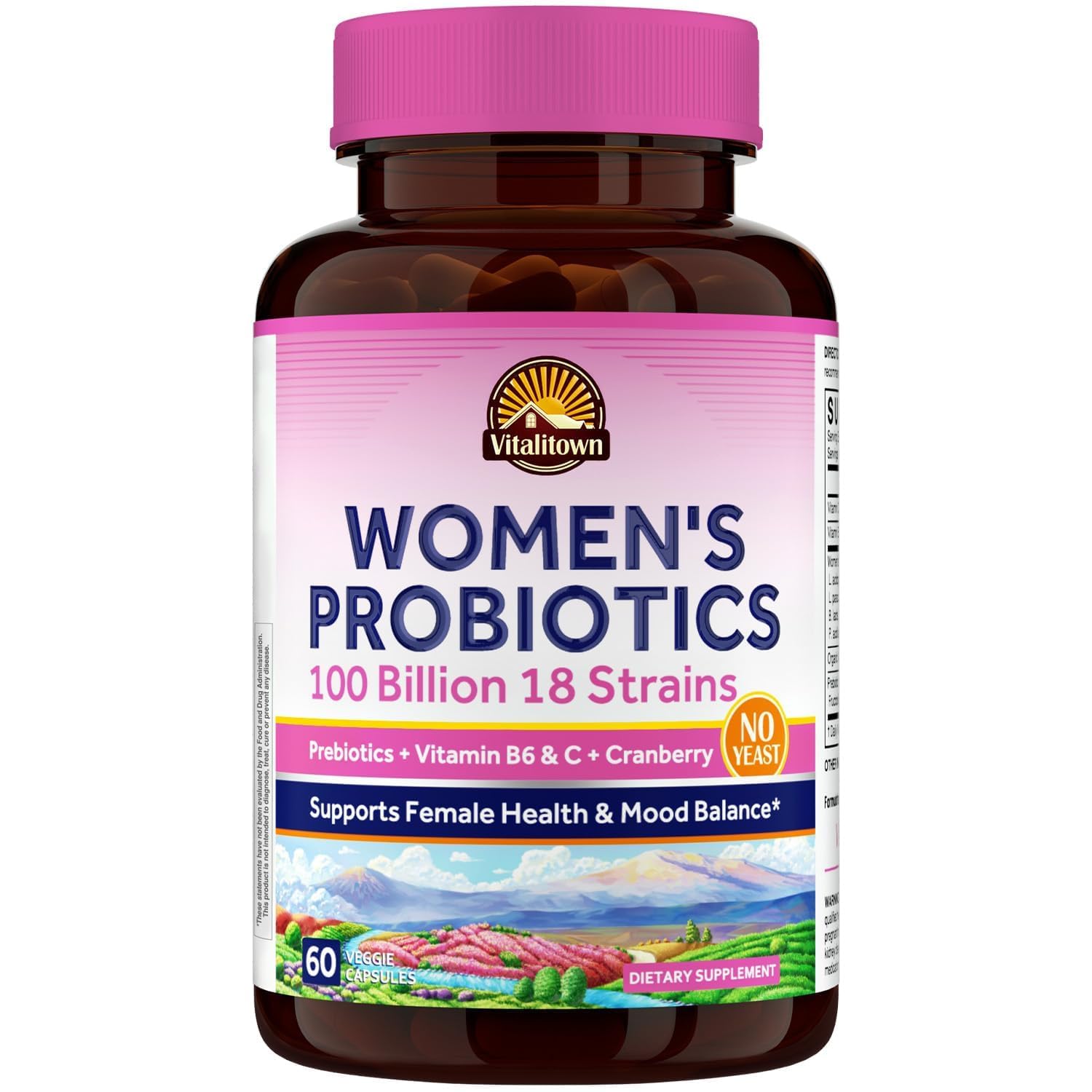 Vitalitown Probióticos para Mujeres, botella-frente, apoyo general a la flora intestinal y salud femenina.