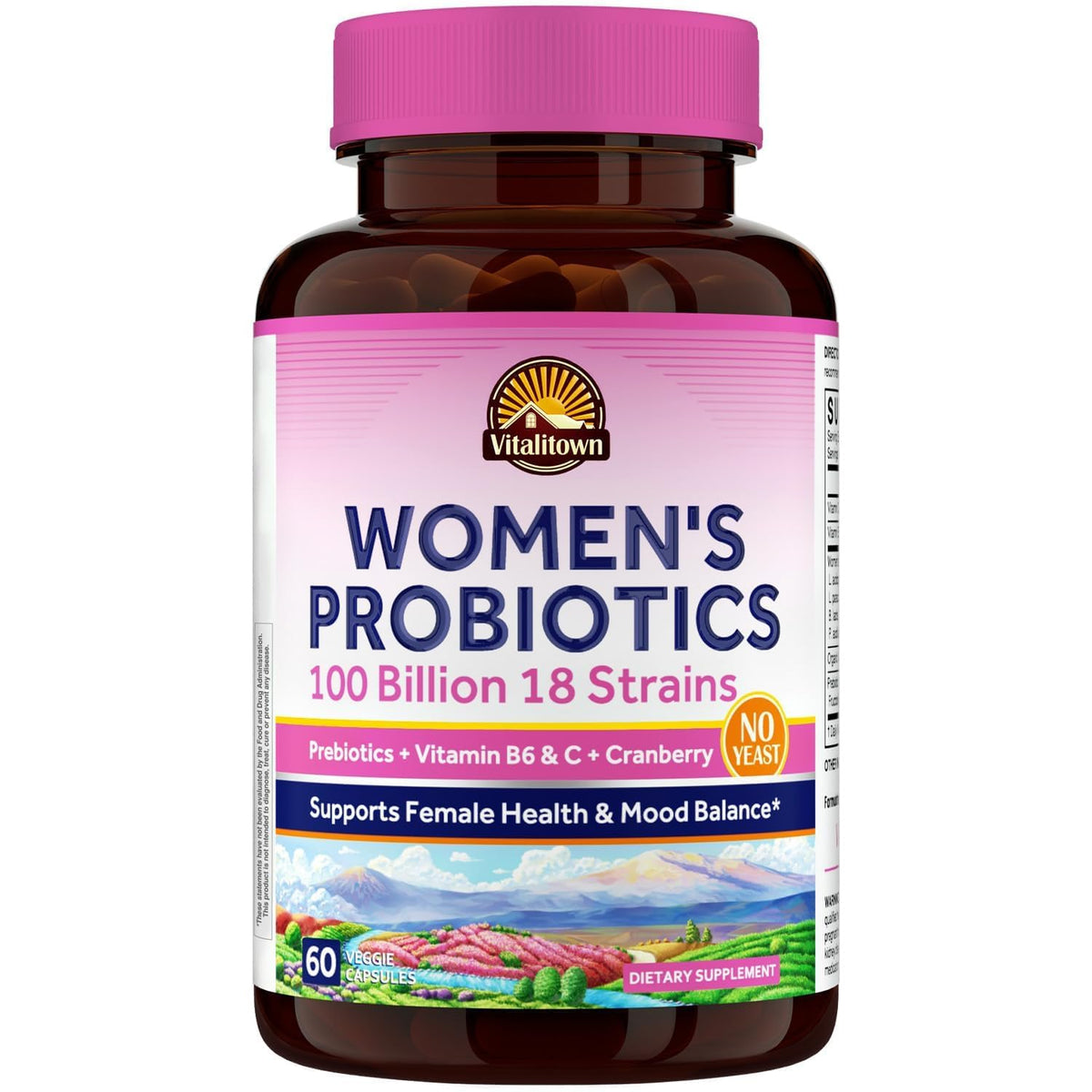 Vitalitown Probióticos para Mujeres, botella-frente, apoyo general a la flora intestinal y salud femenina.
