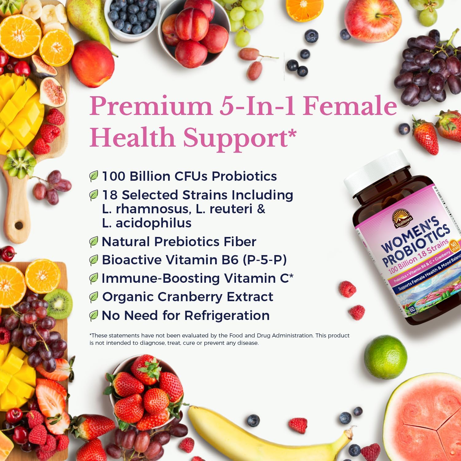Vitalitown Probióticos para Mujeres, cápsulas-cerca, cápsulas en primer plano para consumo diario.