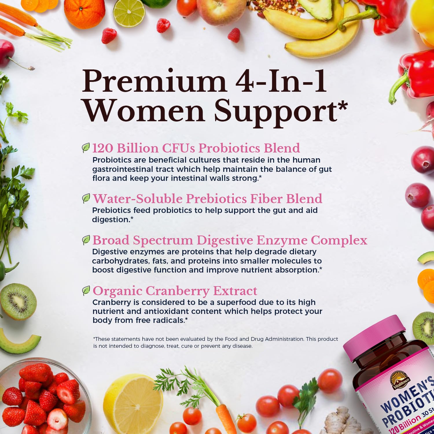 Etiqueta clara de Vitalitown Probiotics con información de 30 cepas
