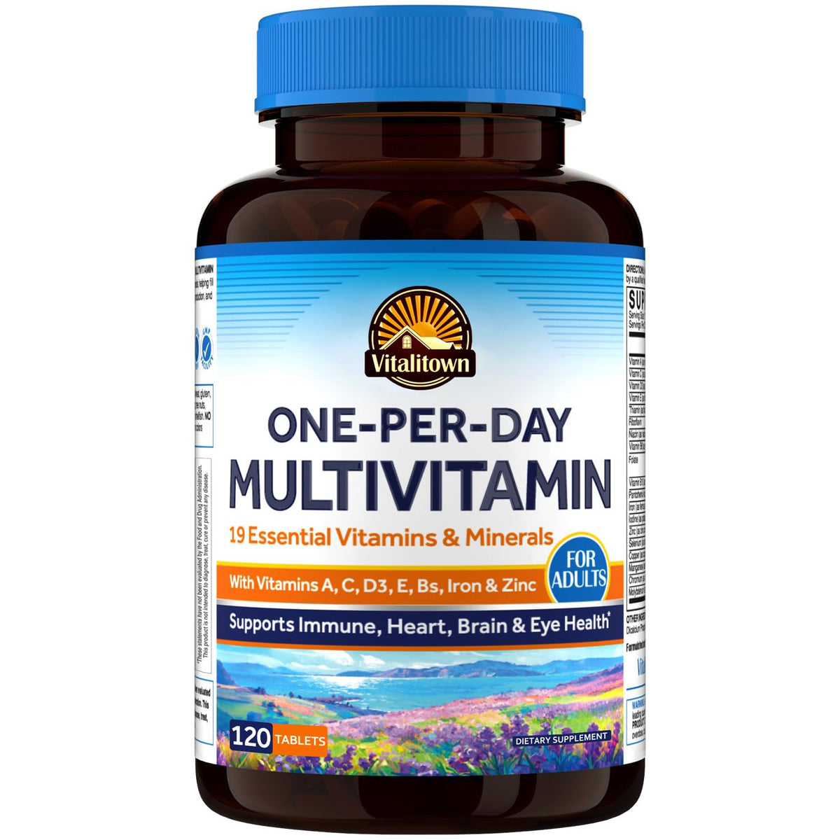 Vitalitown multivitaminas una por día, frasco visible, apoyo a la energía diaria.