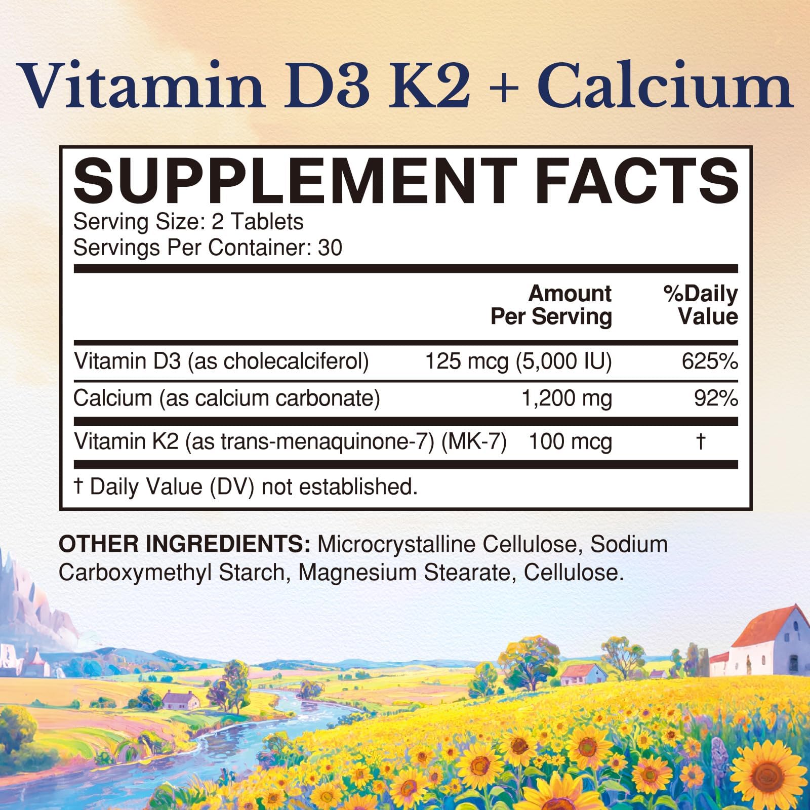 Vitalitown Vitamina D3 K2 Calcio, botella y etiqueta que muestran el empaque y la calidad.