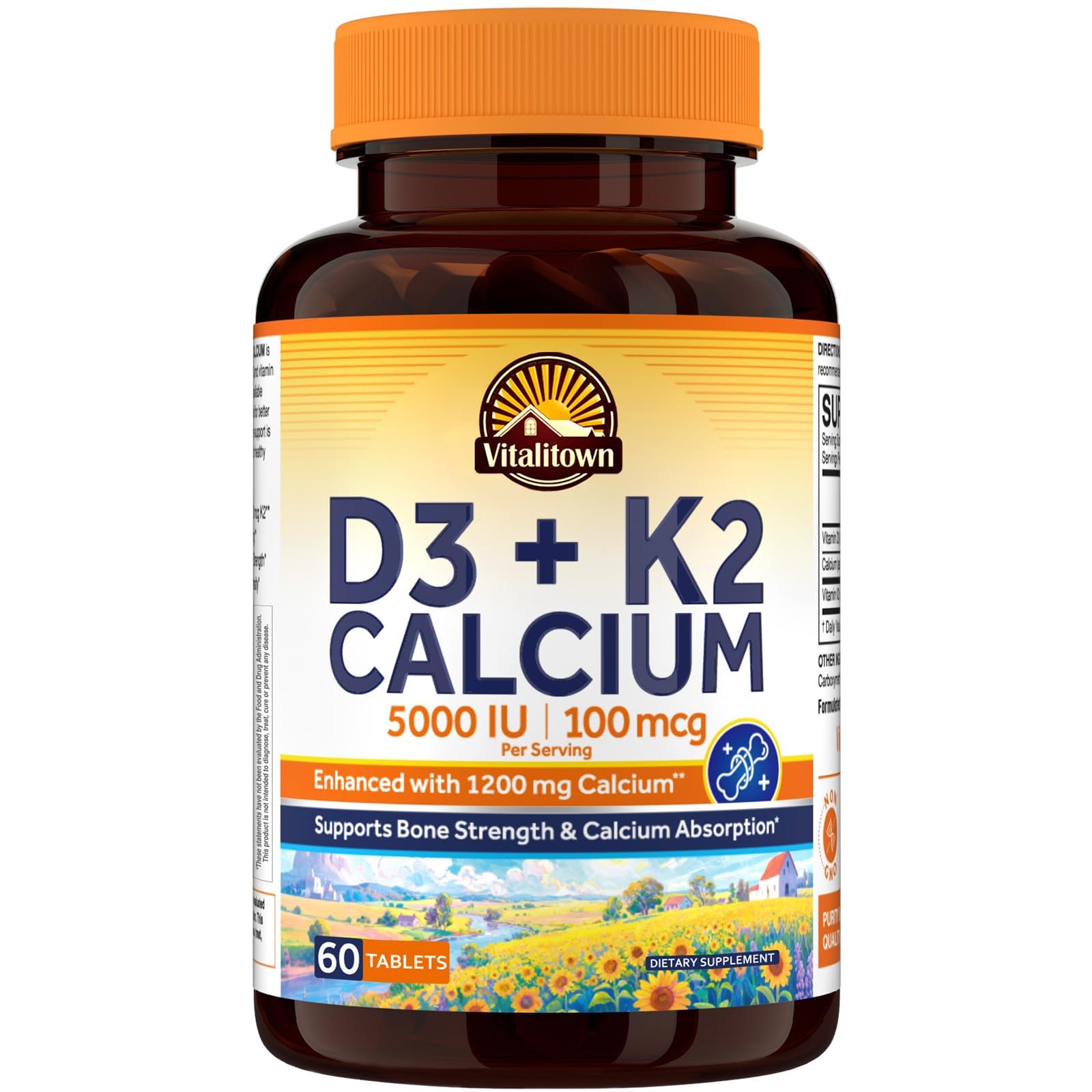 Vitalitown Vitamina D3 K2 Calcio frente: podría favorecer la absorción de calcio para huesos saludables.