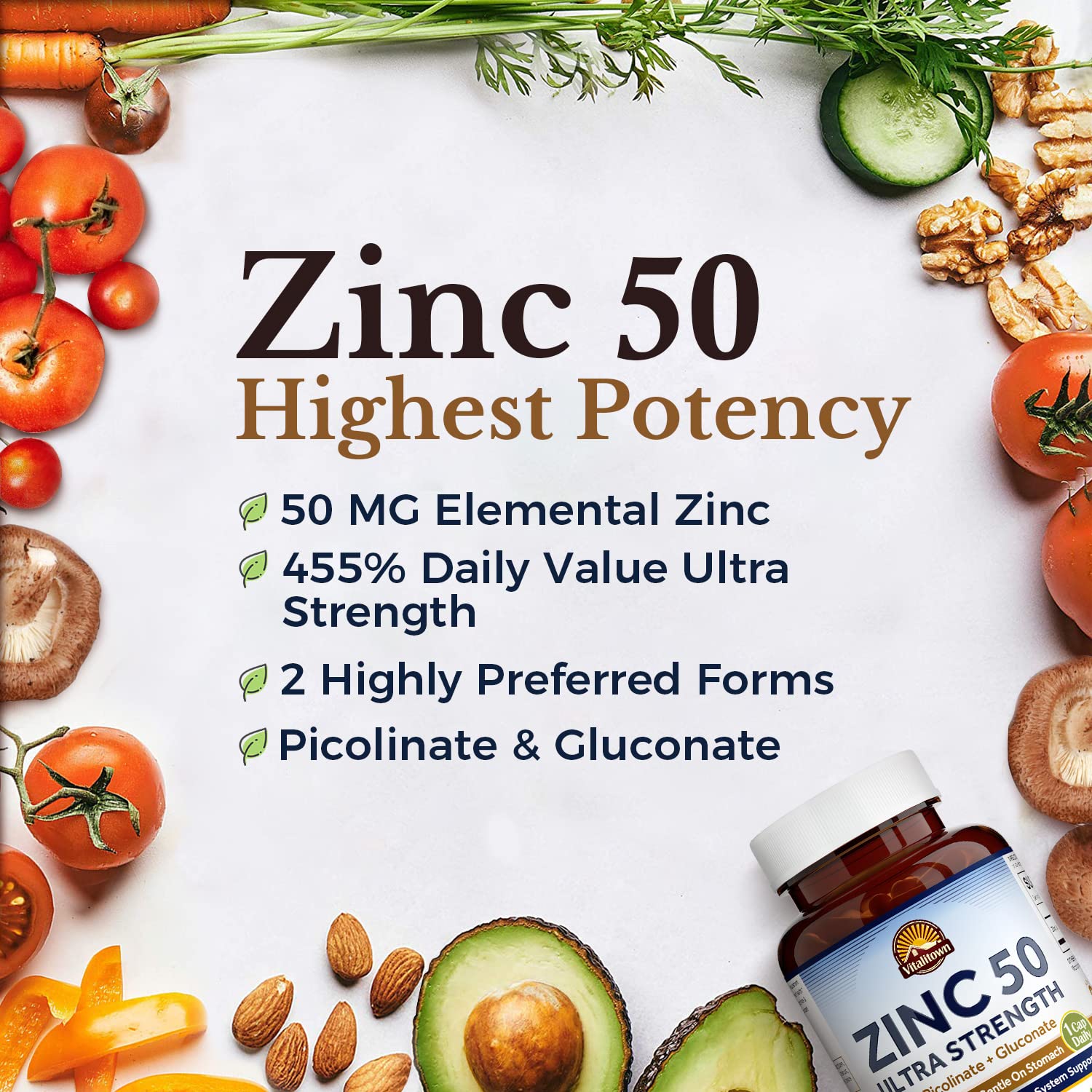 Vitalitown zinc-gluconato cápsula, uso suave para el estómago