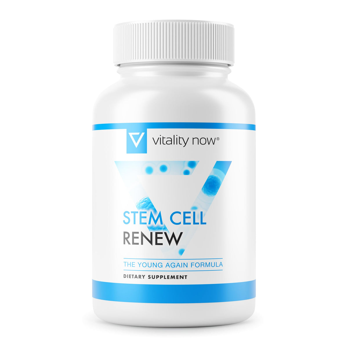 Vitality Now Stem Cell Renew botella en primer plano para energía diaria.