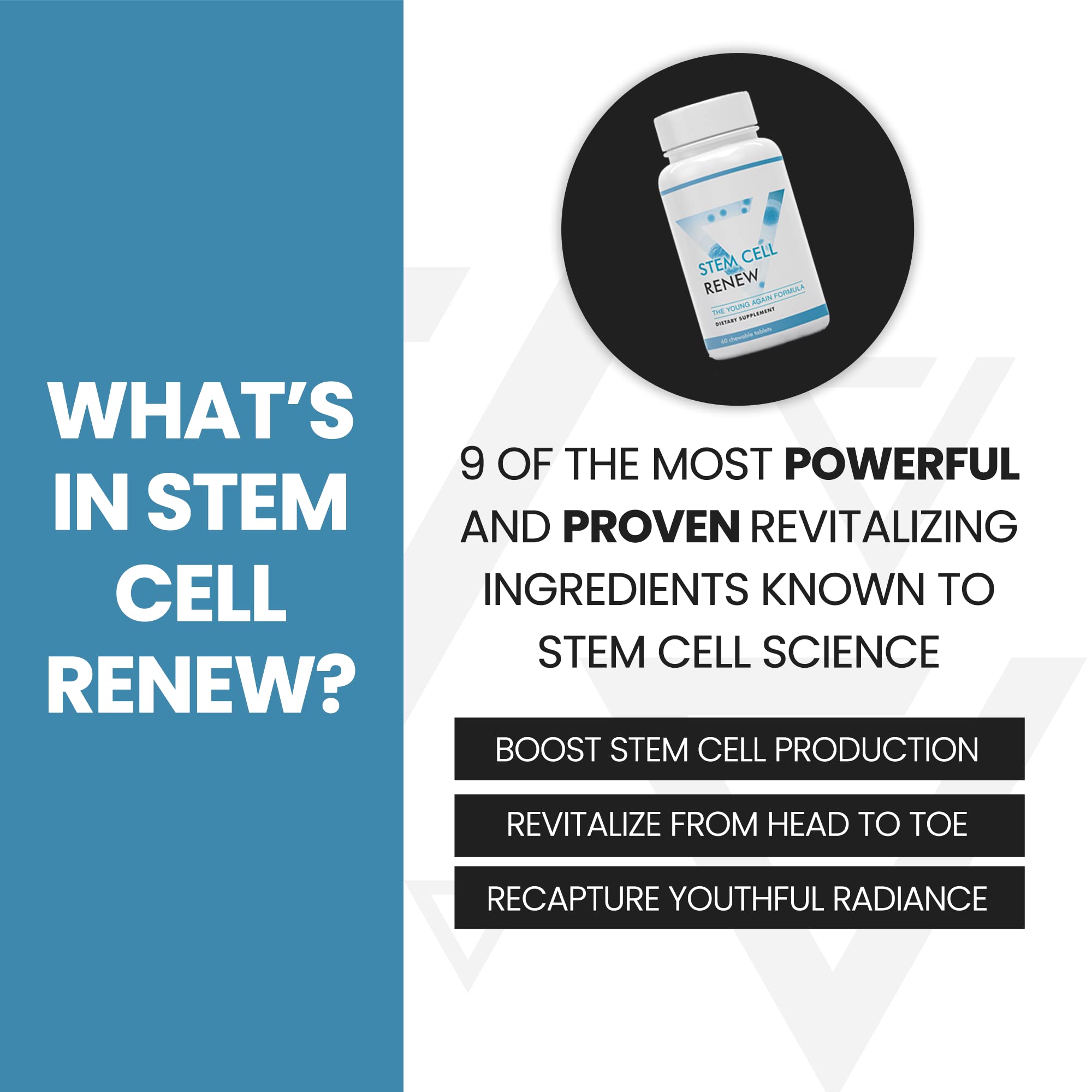 Vitality Now Stem Cell Renew etiqueta principal con indicaciones de uso.