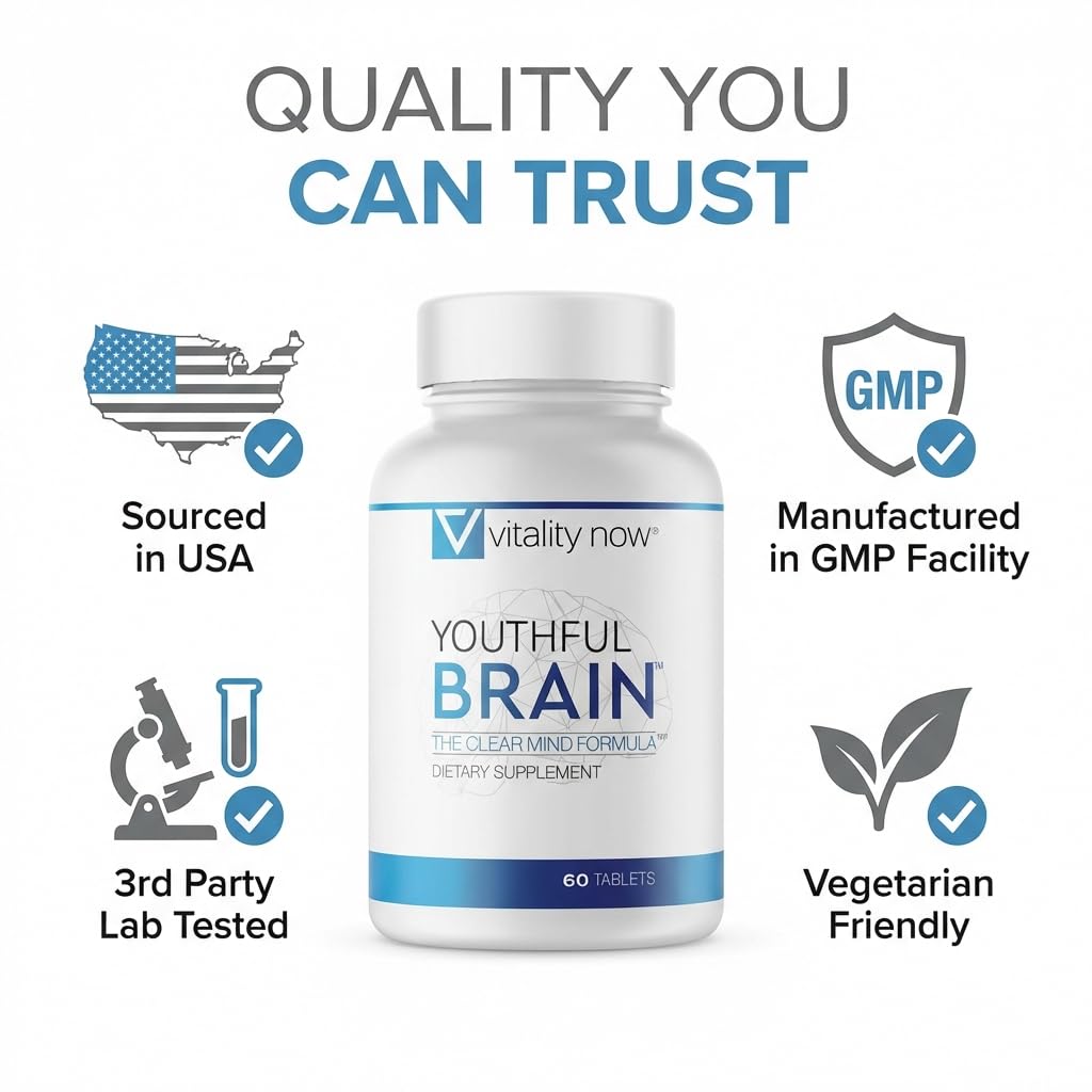 Envase de Vitality Now Youthful Brain: frasco estable y fácil de almacenar.