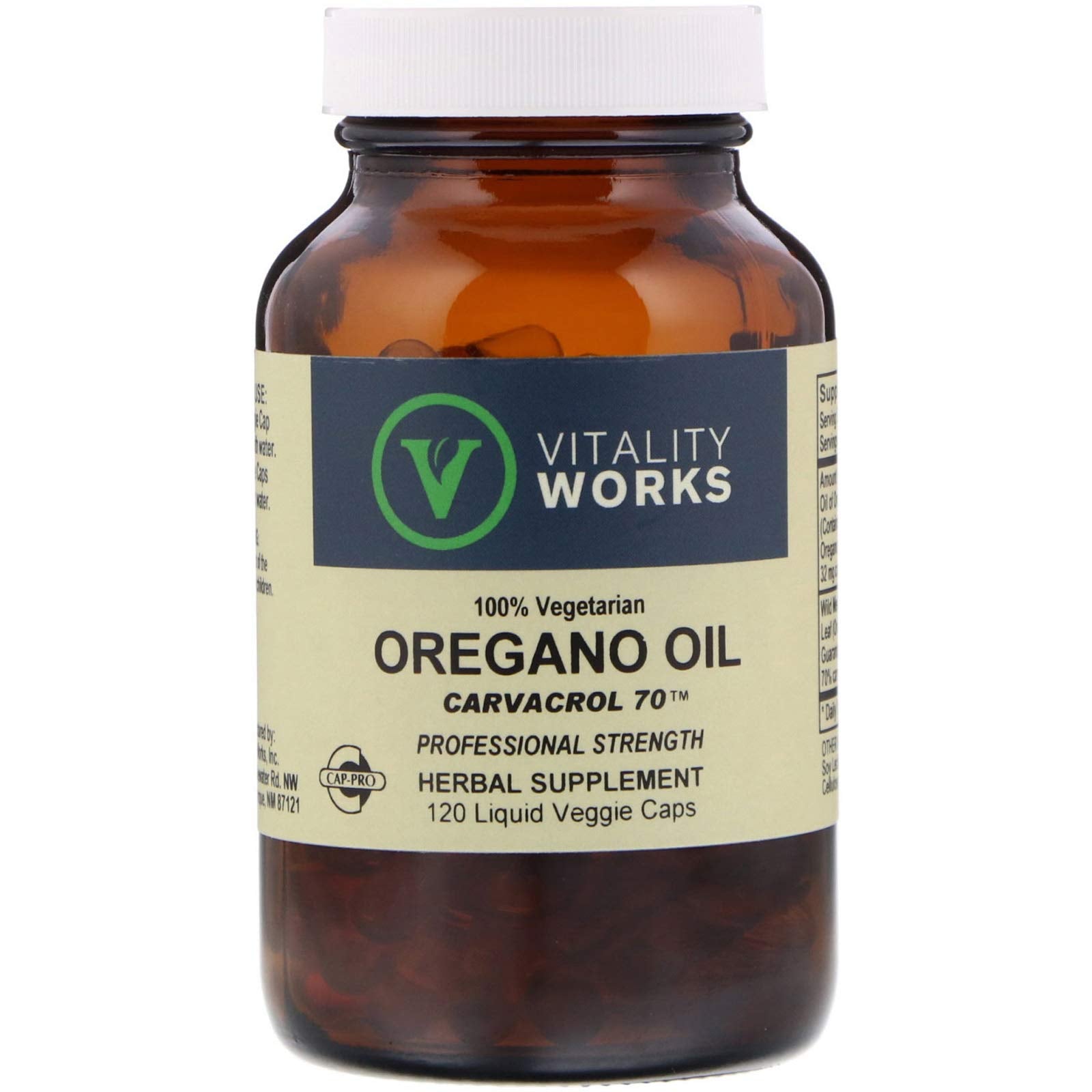 Vitality Works Aceite de Orégano Vegano, botella visible, posible apoyo a la rutina diaria de bienestar