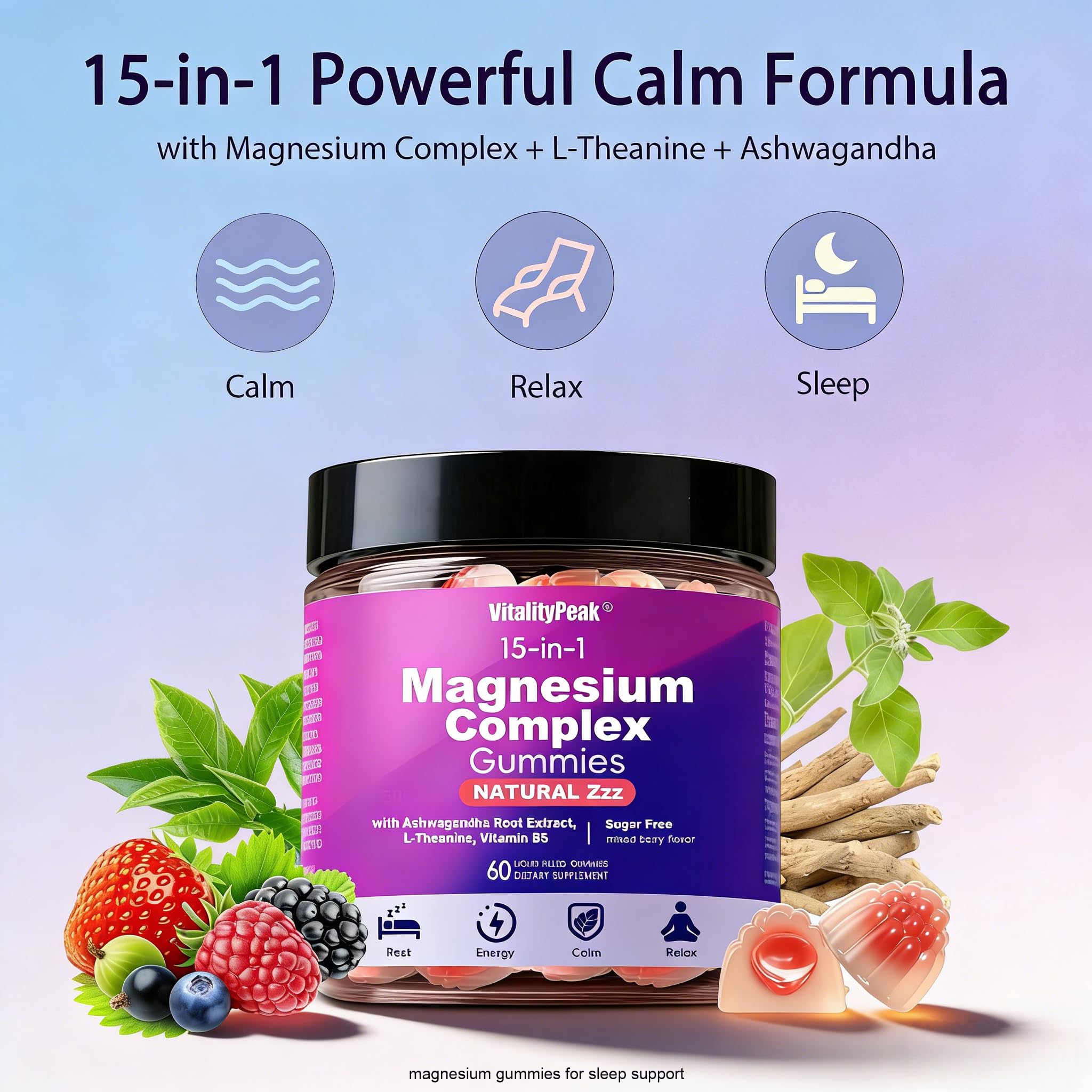 L-Theanina y Ashwagandha en VitalityPeak para calma mental nocturna.