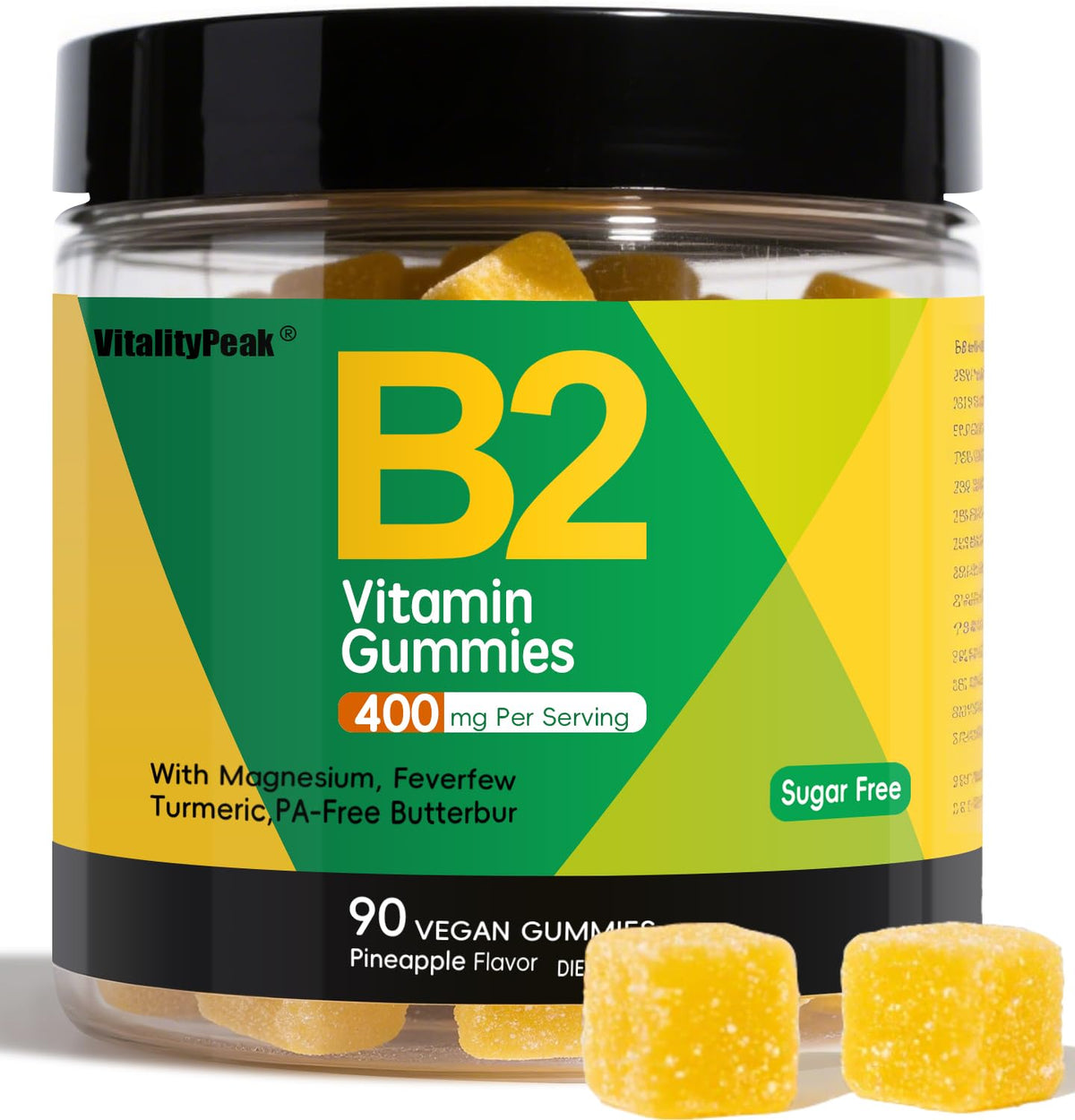 VitalityPeak Riboflavina 400 mg en envase, apoyo suave para energía diaria.