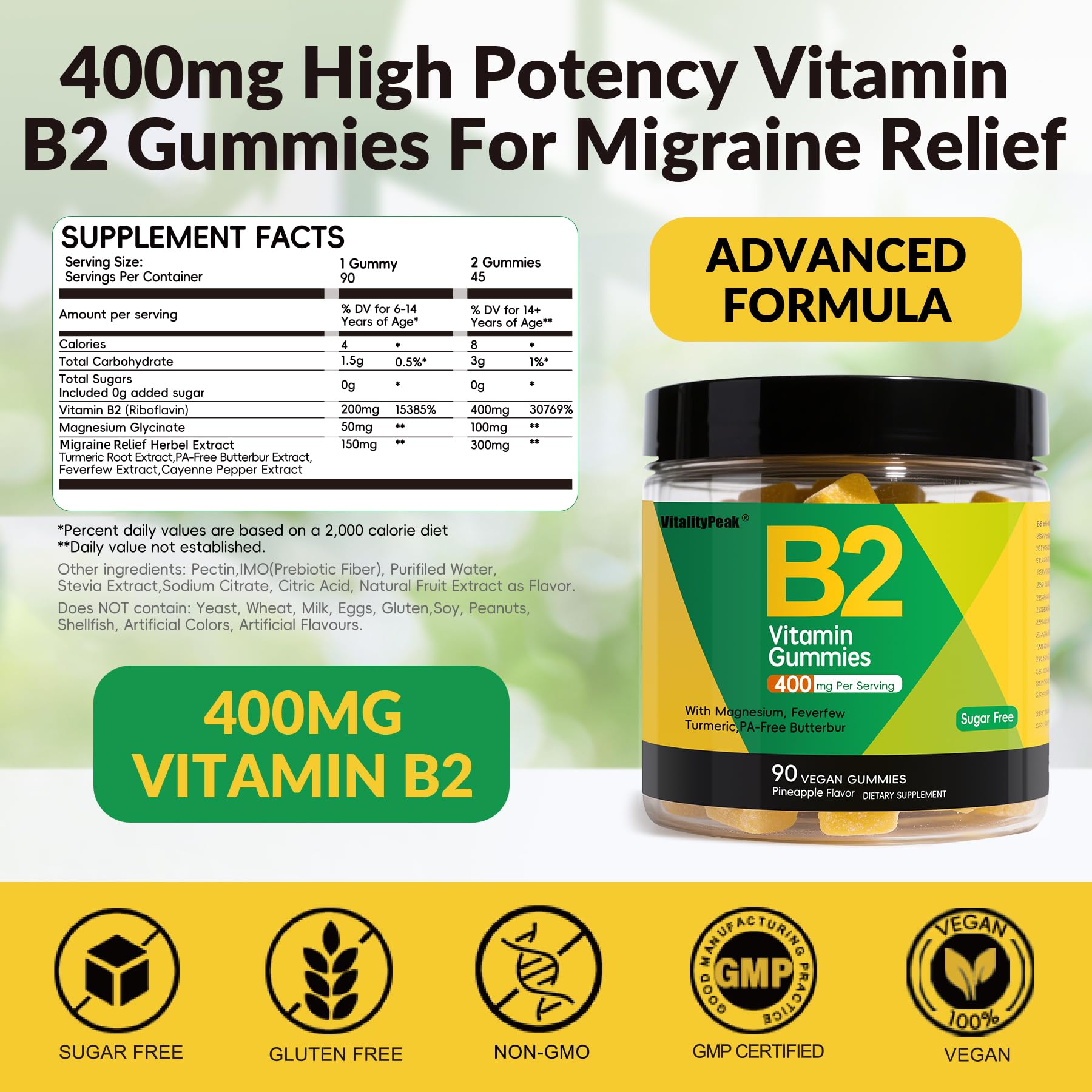 Gomitas de VitalityPeak Riboflavina con sabor piña, agradable para consumo diario.