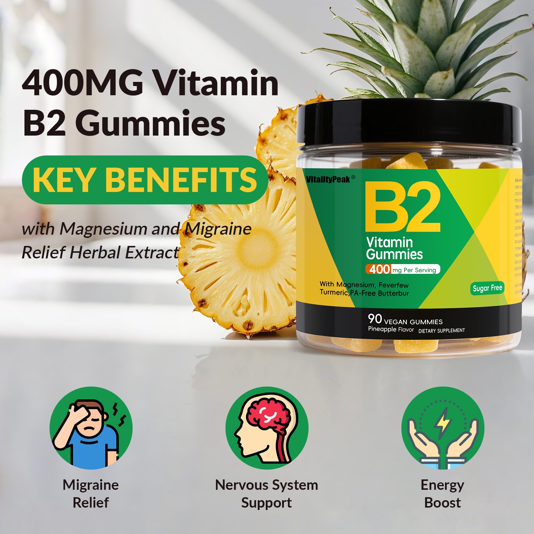 Presentación de 90 gomitas de VitalityPeak Riboflavina para 45 días.