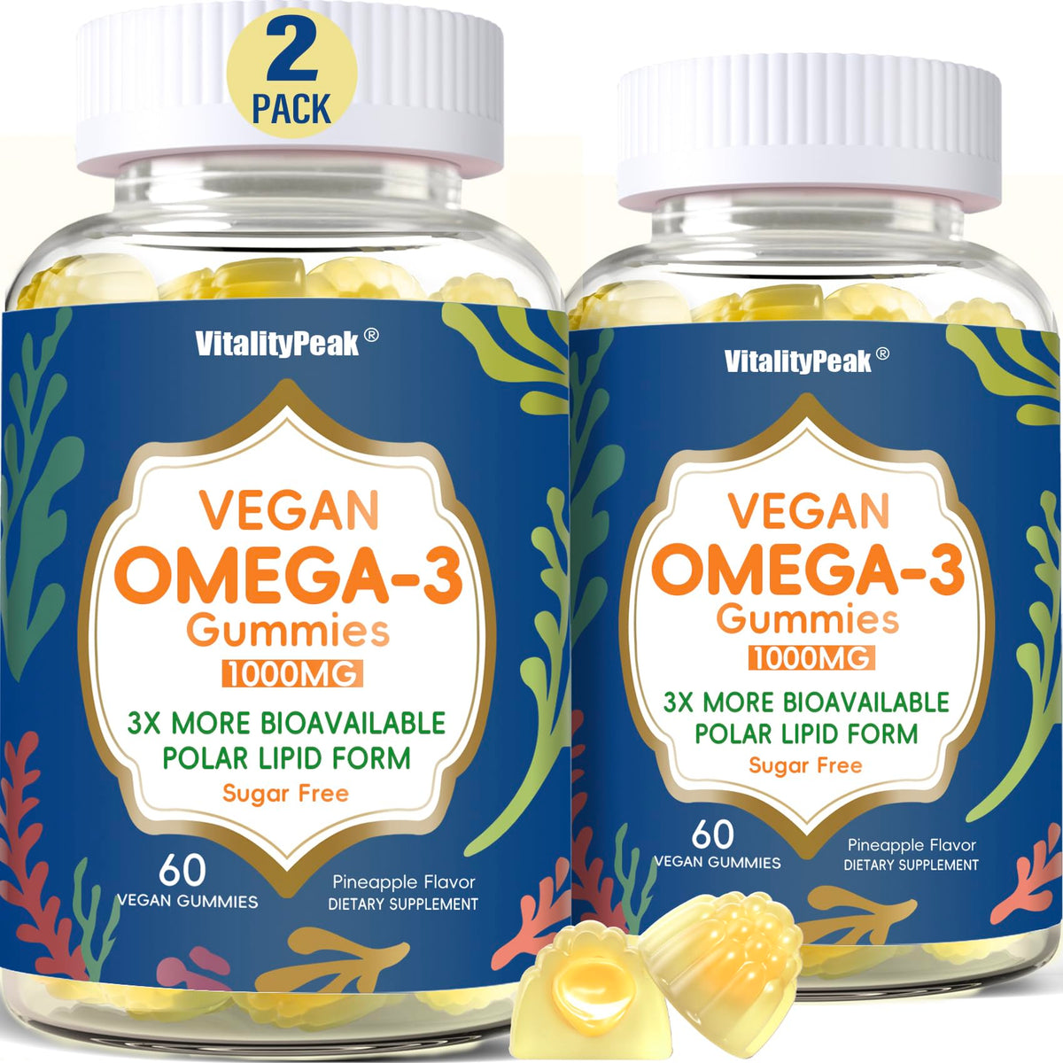 VitalityPeak gominolas Omega-3 veganas packshot, fuente sostenible de DHA y EPA