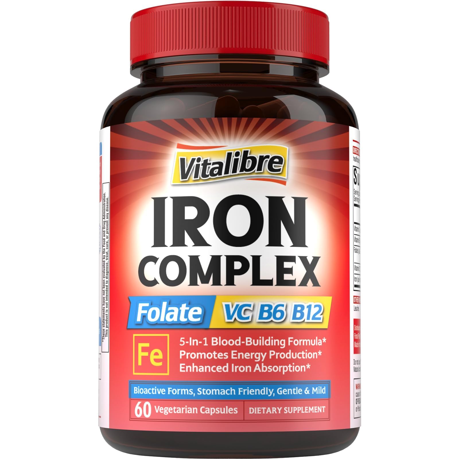 Vitallibre Hierro Complex: botella con cápsulas suaves para mayor confort digestivo y absorción.