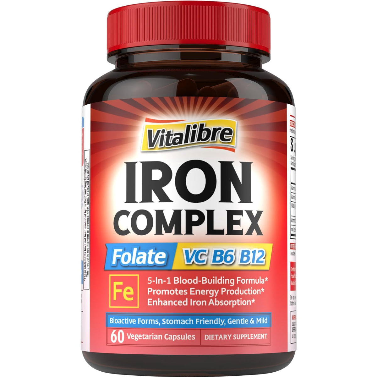 Vitallibre Hierro Complex: botella con cápsulas suaves para mayor confort digestivo y absorción.