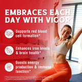 Vitallibre Hierro Complex: etiqueta legible con vitaminas que favorecen la producción de células rojas.