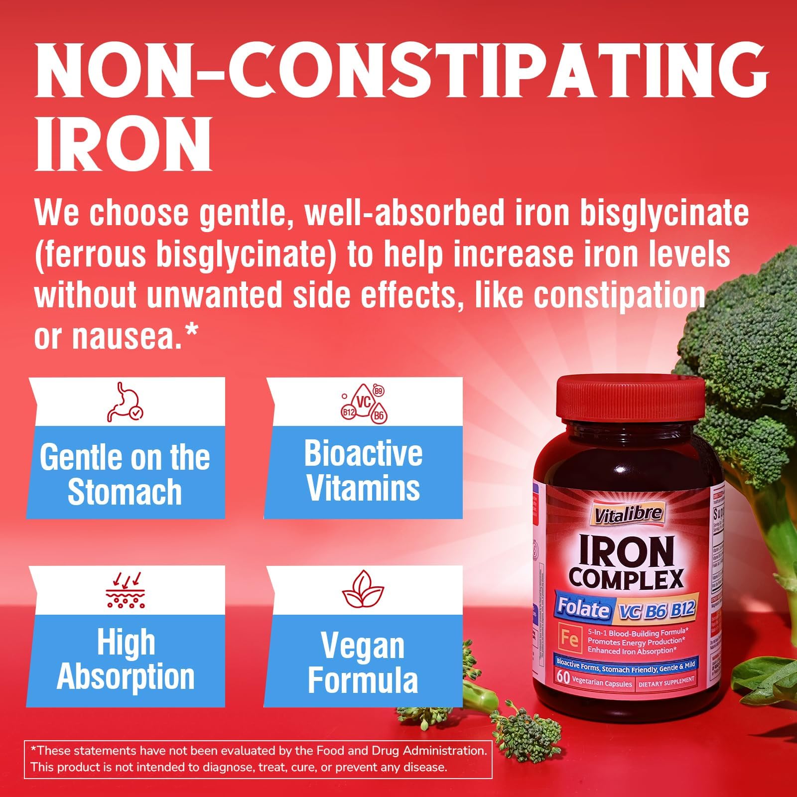 Vitallibre Hierro Complex: ingredientes clave muestran folato, B12, B6 y vitamina C para absorción.