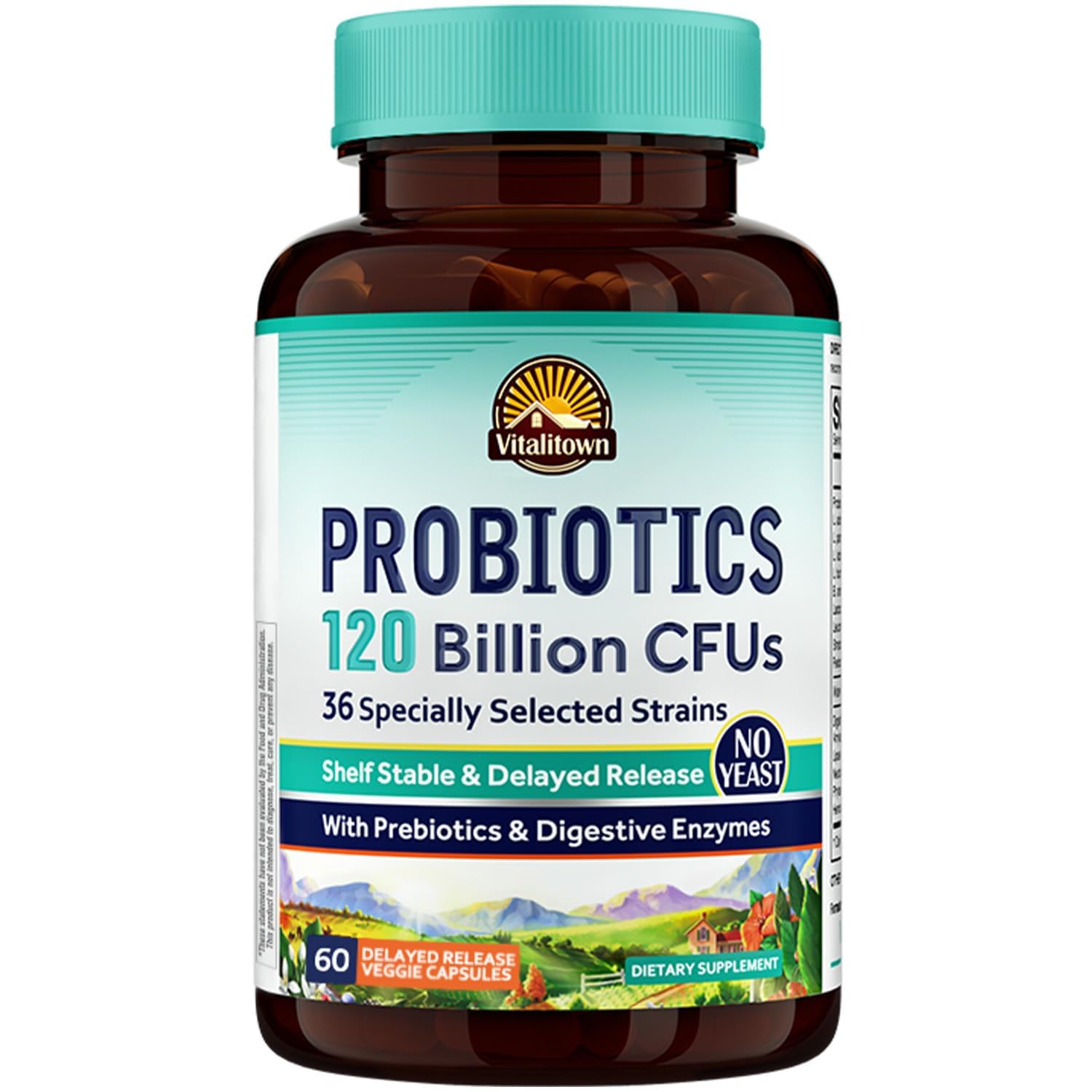 Vitalitown Probiotics botella frontal para uso diario y digestión equilibrada.