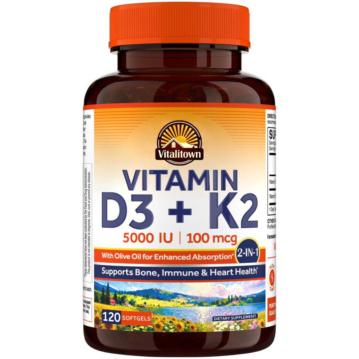 Vitalitown cápsula blanda D3 y K2 para apoyo óseo y dental.