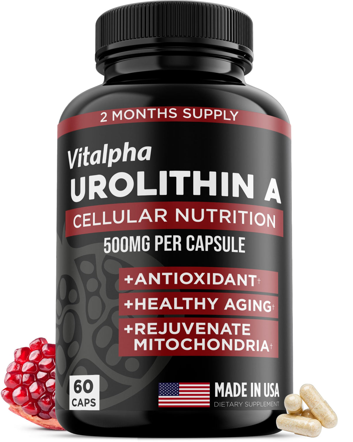 Vitalpha Urolitina A: botella frontal, energía diaria con apoyo mitocondrial