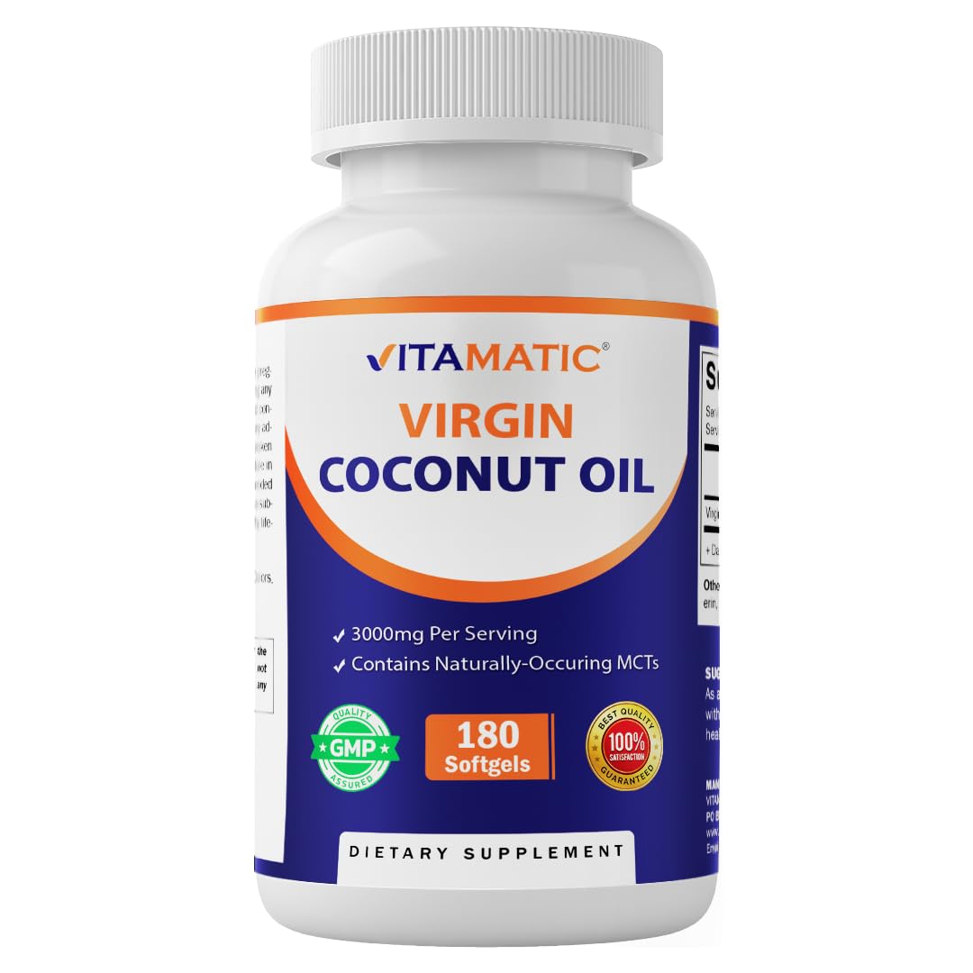 Vitamatic Aceite de Coco Virgen en cápsulas blandas, ideal para uso diario.
