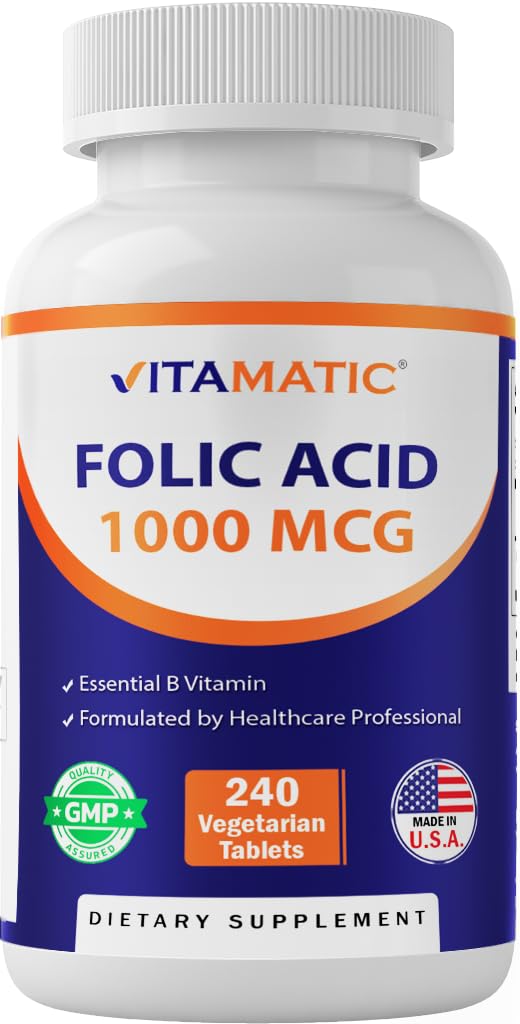 Vitamatic ácido fólico 1000 mcg, tabletas vegetarianas, vista de la botella.