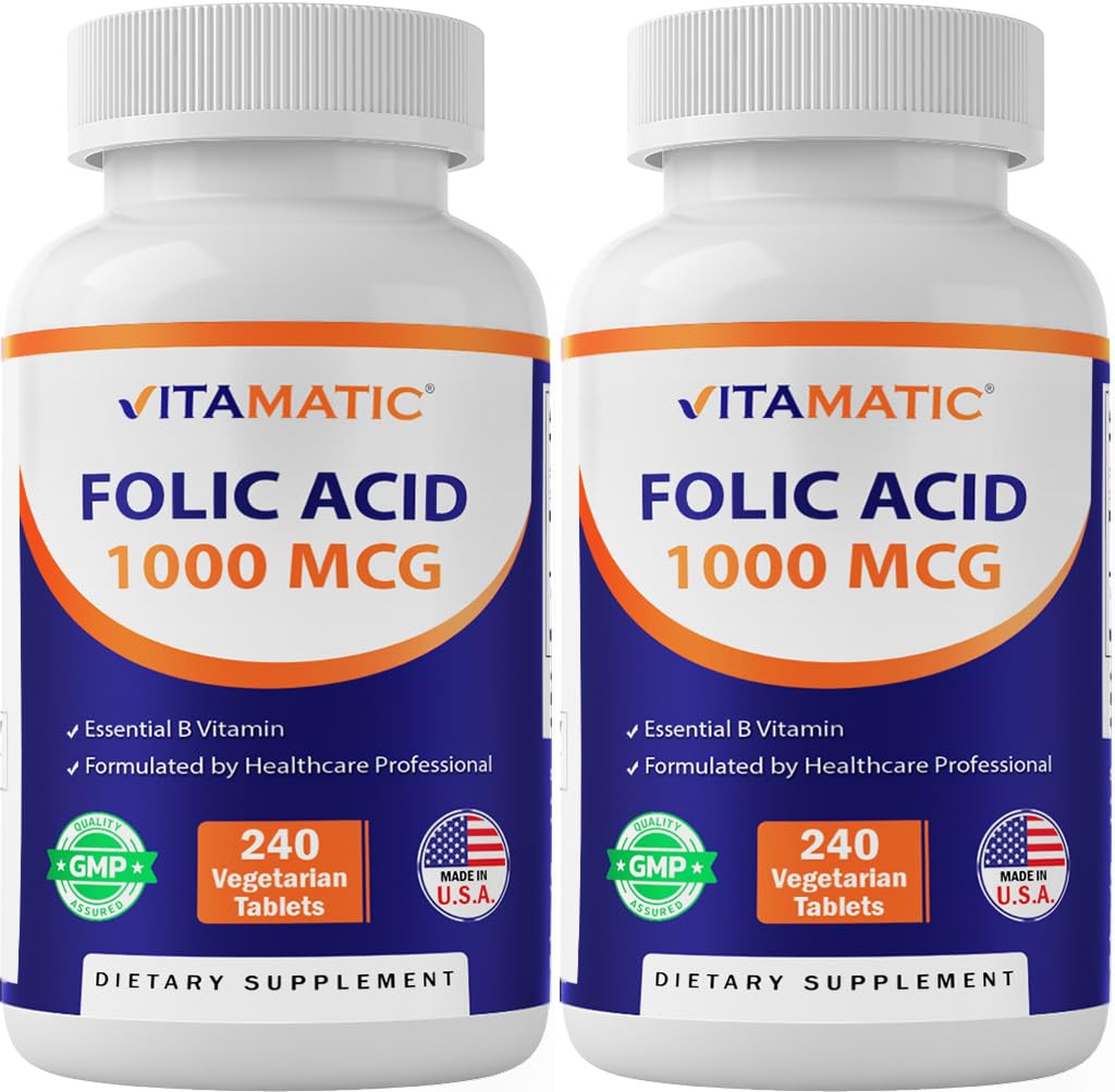 Vitamatic ácido fólico 1000 mcg, tabletas vegetarianas, apoyo potencial durante el embarazo.