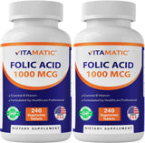 Vitamatic ácido fólico 1000 mcg, tabletas vegetarianas, apoyo potencial durante el embarazo.