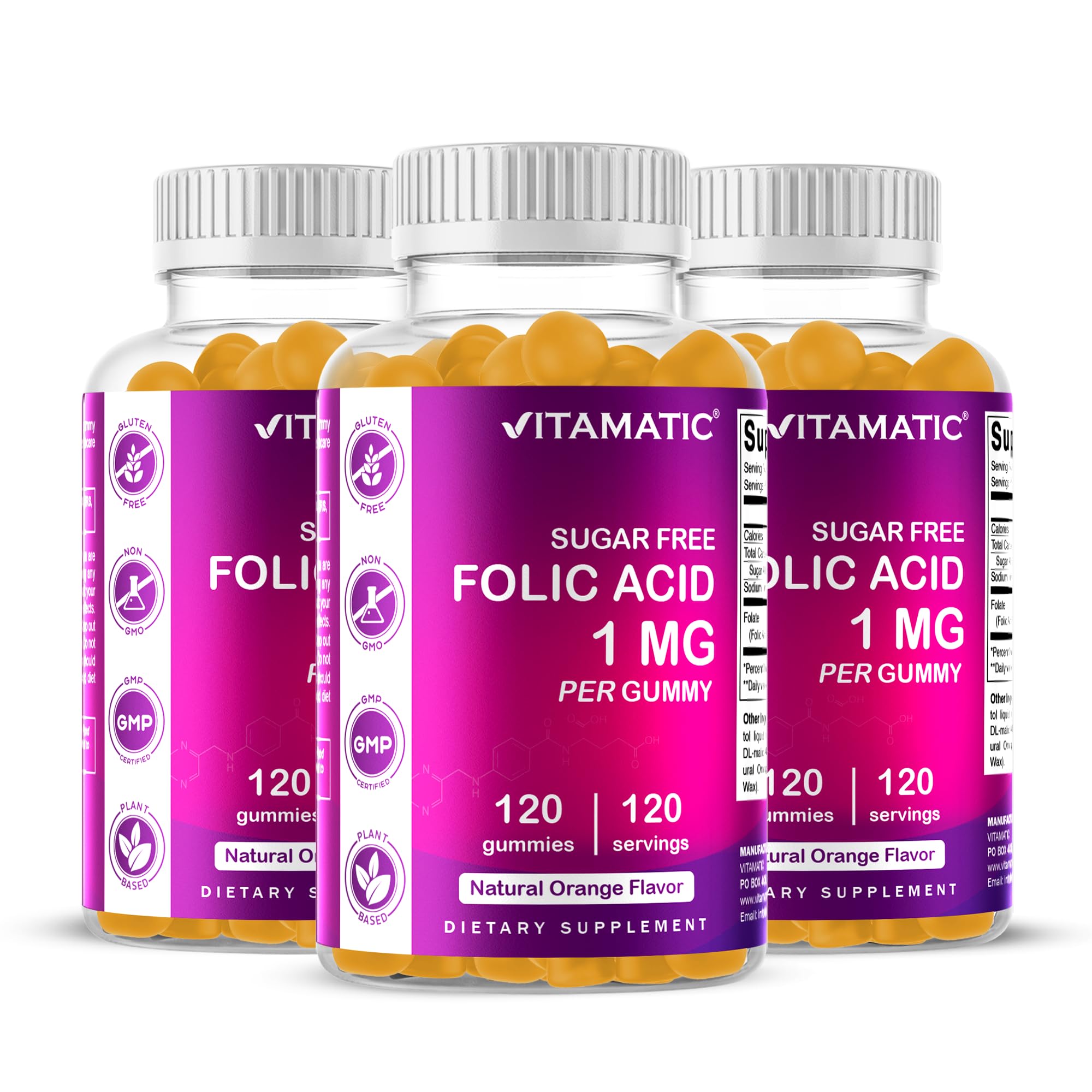Gomitas Vitamatic acido folico en botella, sabor naranja, opción práctica para el día a día.