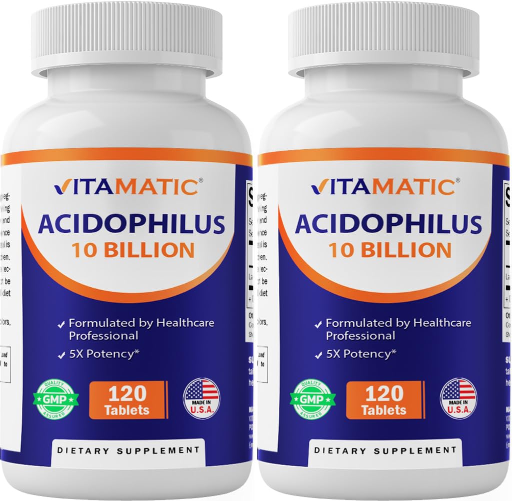 Vitamatic Acidophilus, botella frontal con etiqueta clara para apoyar la digestión