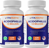 Vitamatic Acidophilus, botella frontal con etiqueta clara para apoyar la digestión