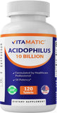 Frasco Vitamatic Acidophilus en primer plano, enfoque en dosis diaria para equilibrio digestivo.