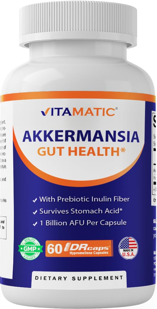 Vitamatic Akkermansia Muciniphila: cápsulas en botella para apoyo intestinal diario.