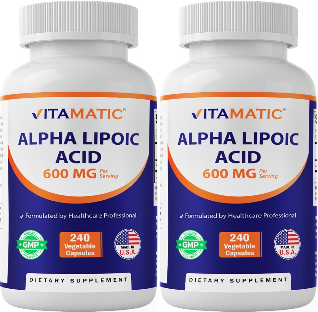Vitamatic ALA 600 mg cápsulas vegetales, fácil de tragar para apoyo antioxidante diario.