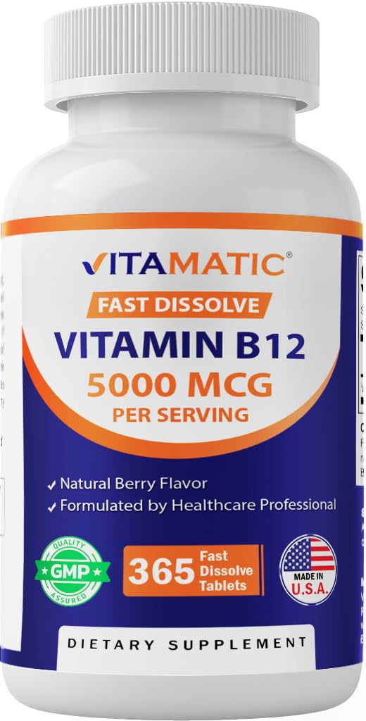 Vitamatic B12 5000 mcg, botella frambuesa, sabor agradable y apoyo a la energía.