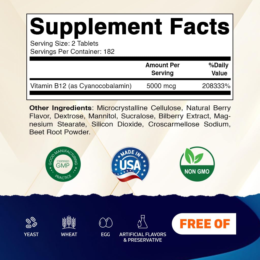 Vitamatic B12 5000 mcg, comprimidos frambuesa disolución rápida para ingesta fácil.