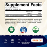 Vitamatic B12 5000 mcg, comprimidos frambuesa disolución rápida para ingesta fácil.