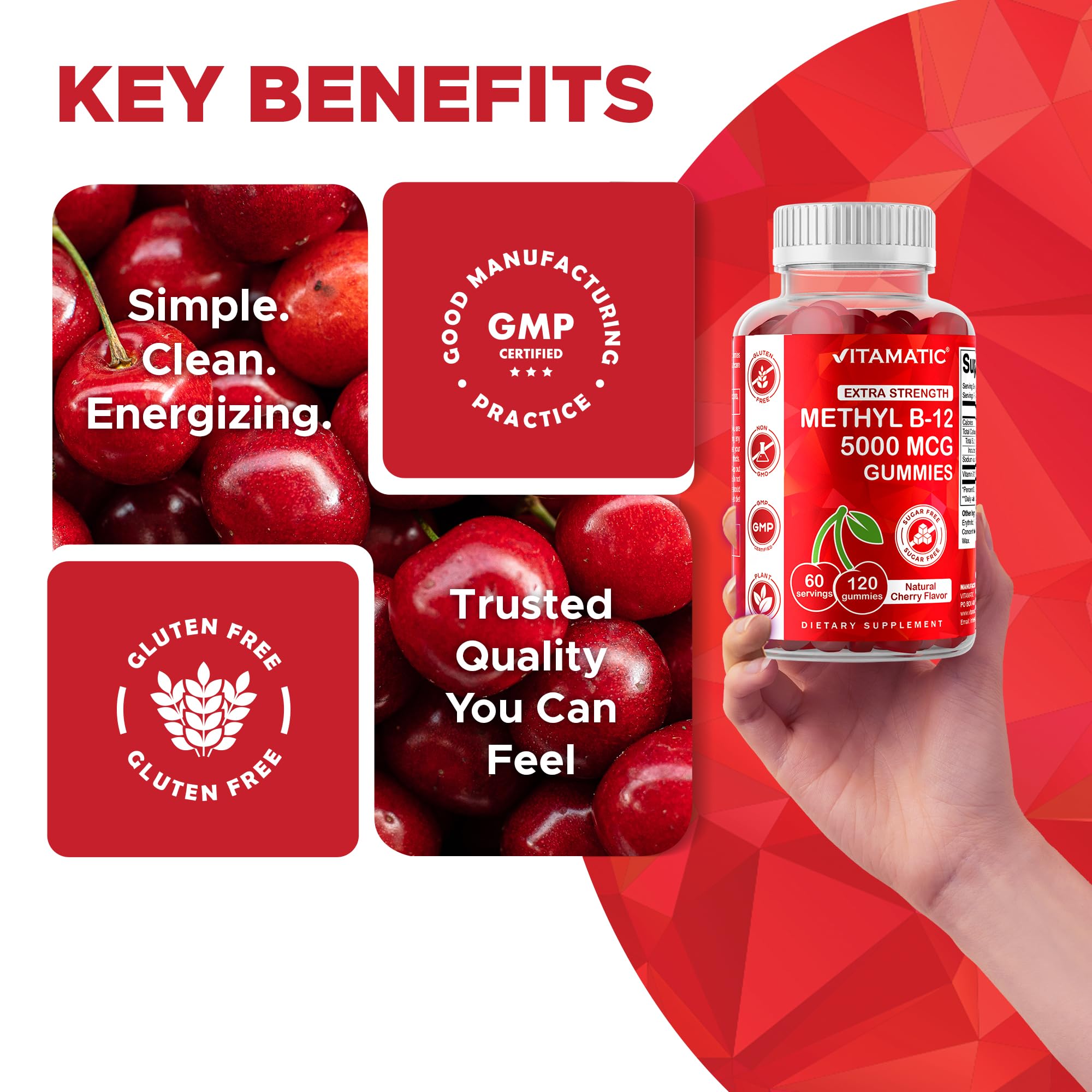 Vitamatic B12 5000 mcg gomitas en boca con sabor a cereza.