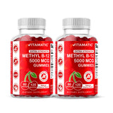 Vitamatic B12 5000 mcg gomitas sabor cereza en botella para energía sostenida.
