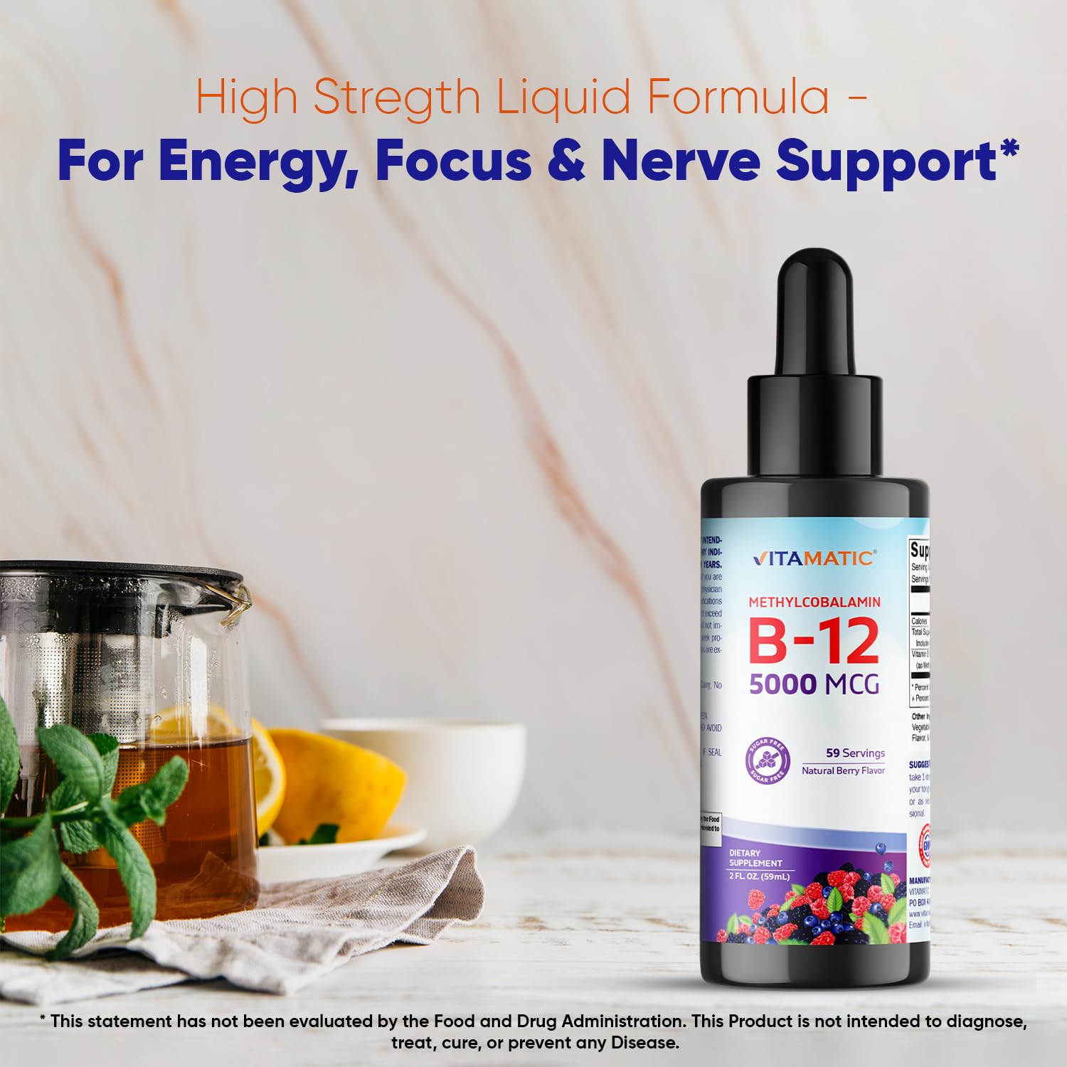 Vitamatic B12 líquido, etiqueta clara con información de sabor natural