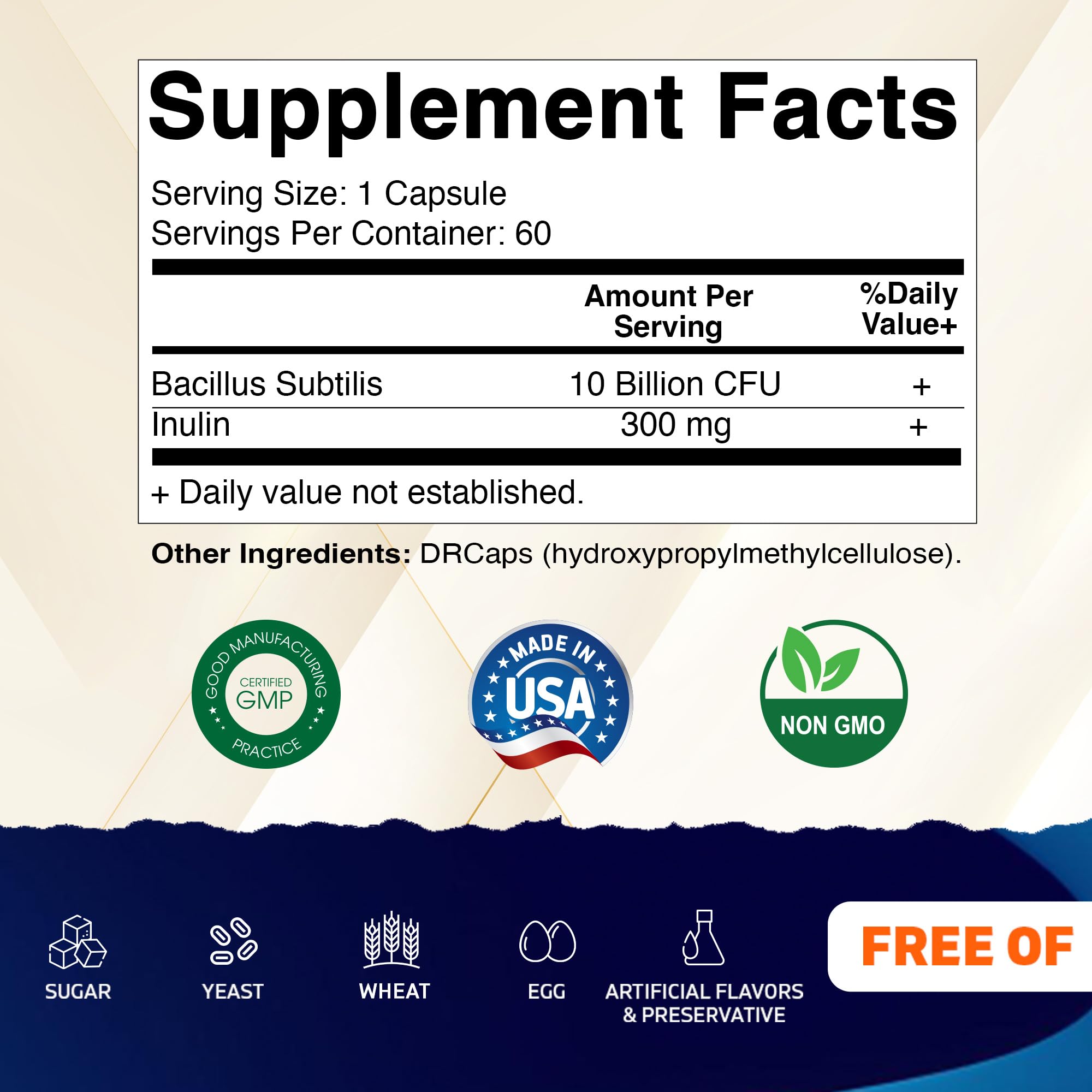 Cápsulas Vitamatic Bacillus Subtilis, fáciles de tragar para bienestar intestinal.
