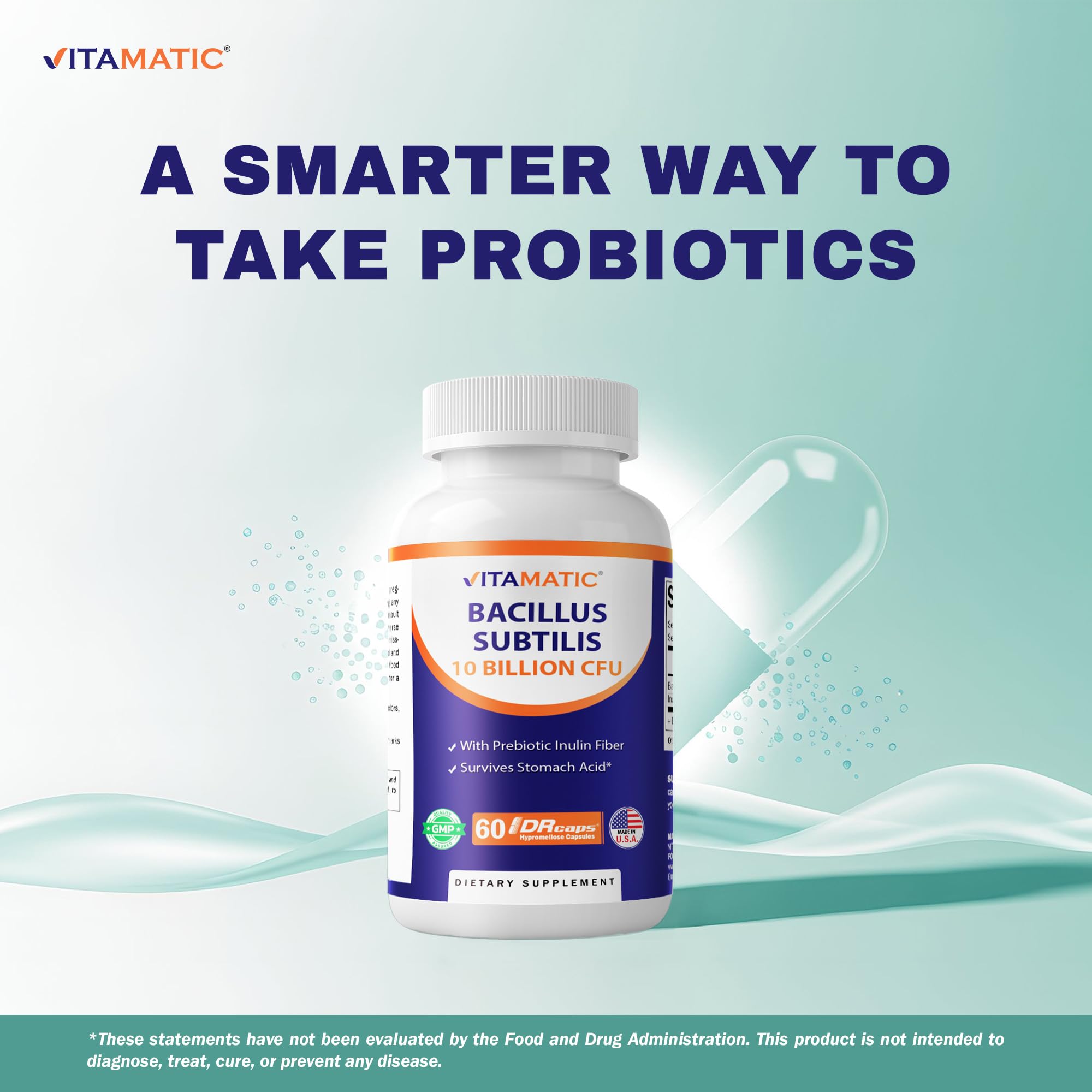 Etiqueta Vitamatic Bacillus Subtilis con inulina prebiótica para efecto potencial.