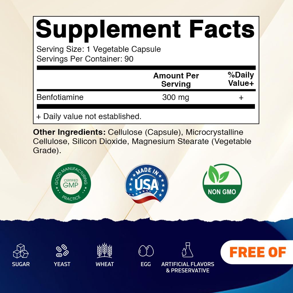 Vitamatic Benfotiamina 300 mg – botella vista desde atrás con etiqueta clara.