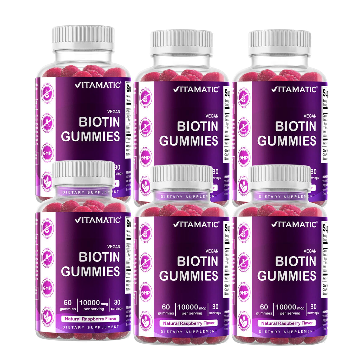 Vitamatic Biotina Gummies sabor frambuesa natural en frasco para cabello y uñas fuertes.