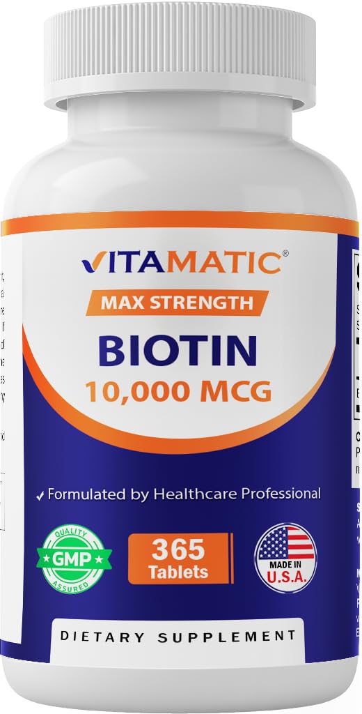 Frasco Vitamatic Biotina 10000mcg para uso diario y apoyo cabello, piel y uñas.