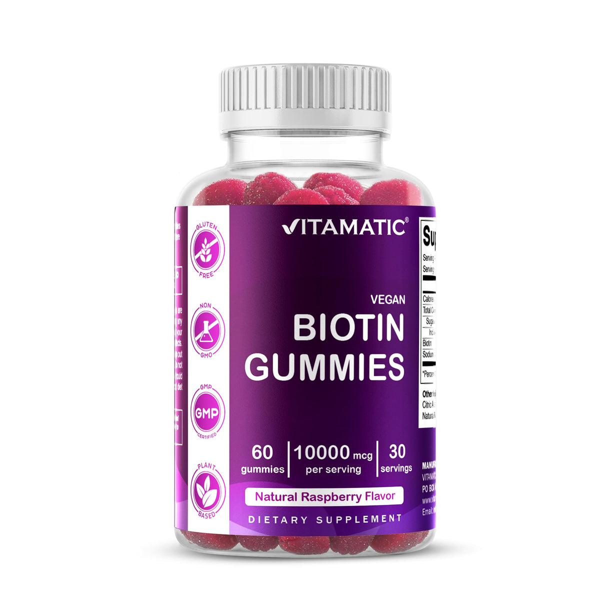 Gomitas de biotina Vitamatic en envase, sabor frambuesa natural para cabello saludable.