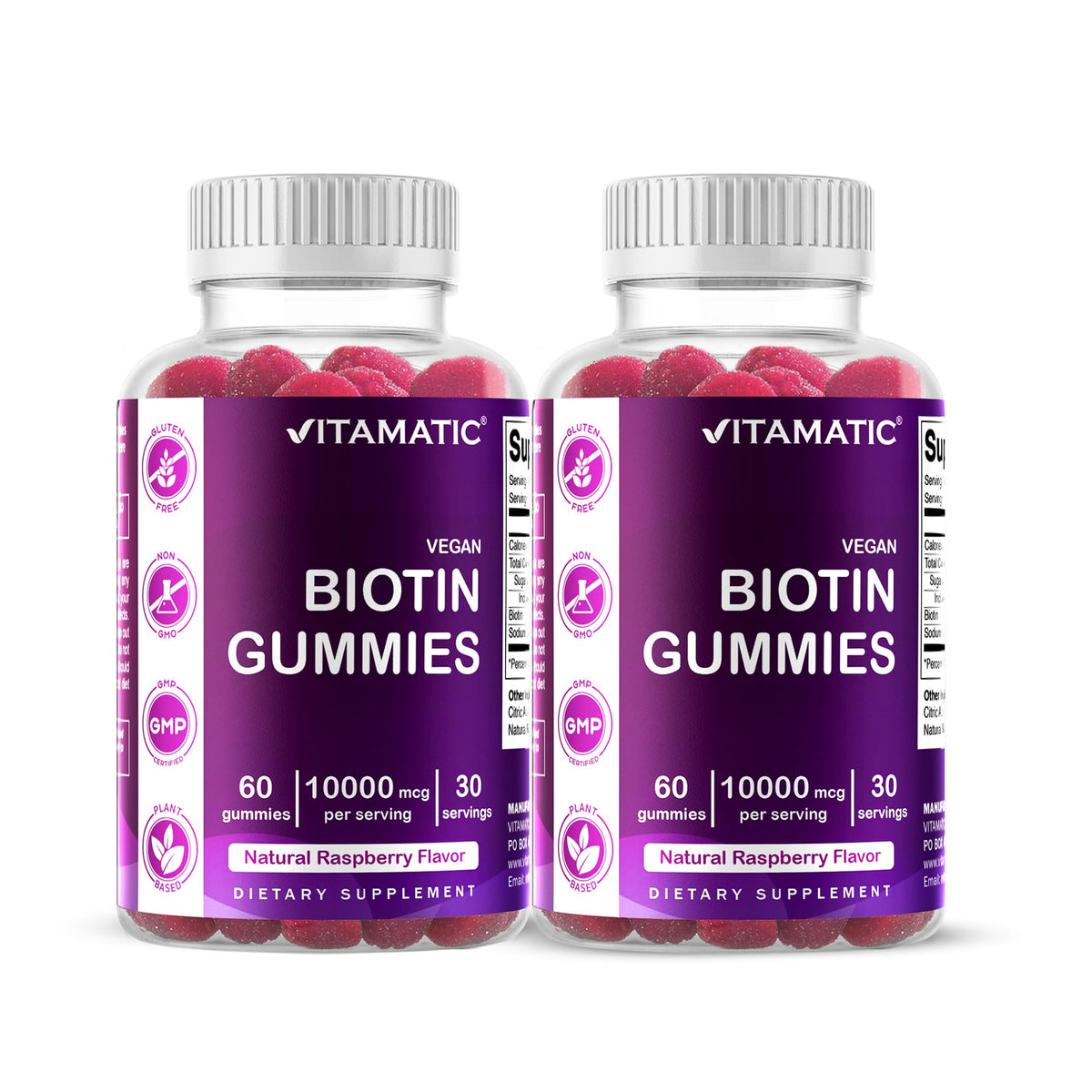 Vitamatic Biotina Gummies, botella de frambuesa con sabor delicioso para la rutina diaria